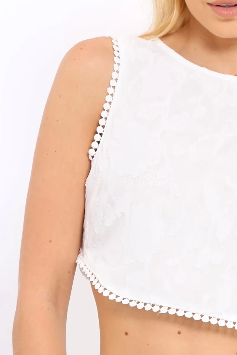 White Crochet Trim Tie Back Crop Top - Amber