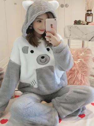 WOMEN GRAY SHAME BEAR VELVET SUIT NIGHTWEAR