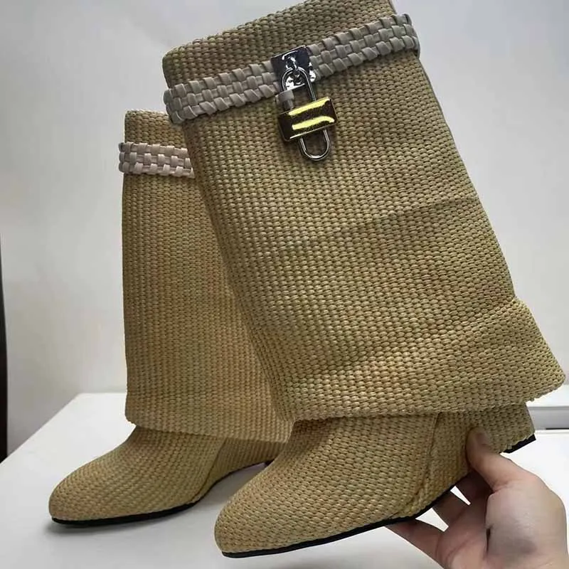 Women Shark Lock Ankle Boots Raffia-Woven Wedge Boots