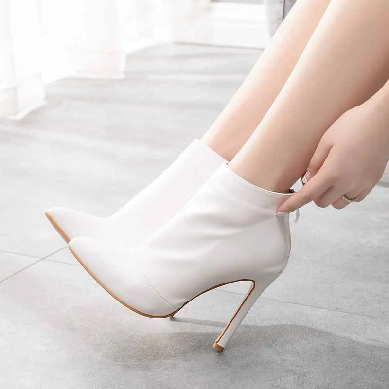Women's Dress Boots Pointed Toe Stiletto High Heel Ankle Boots White Black Color