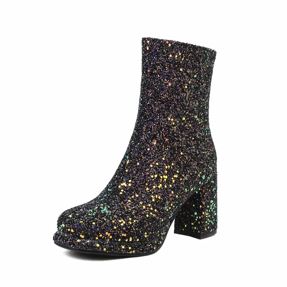 Women's Glitter Platform Chunky Heeled Ankle Boots