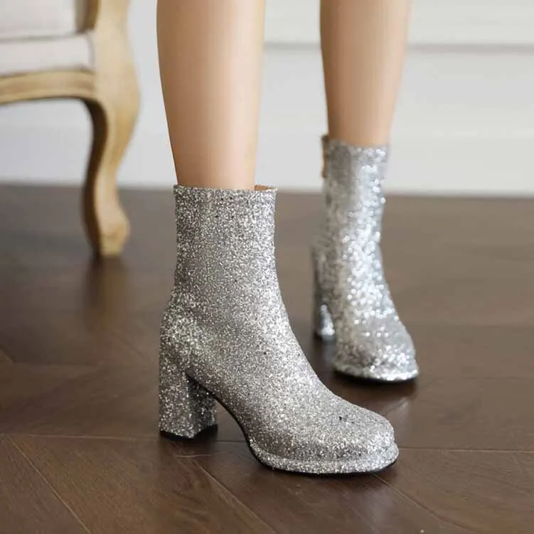 Women's Glitter Platform Chunky Heeled Ankle Boots
