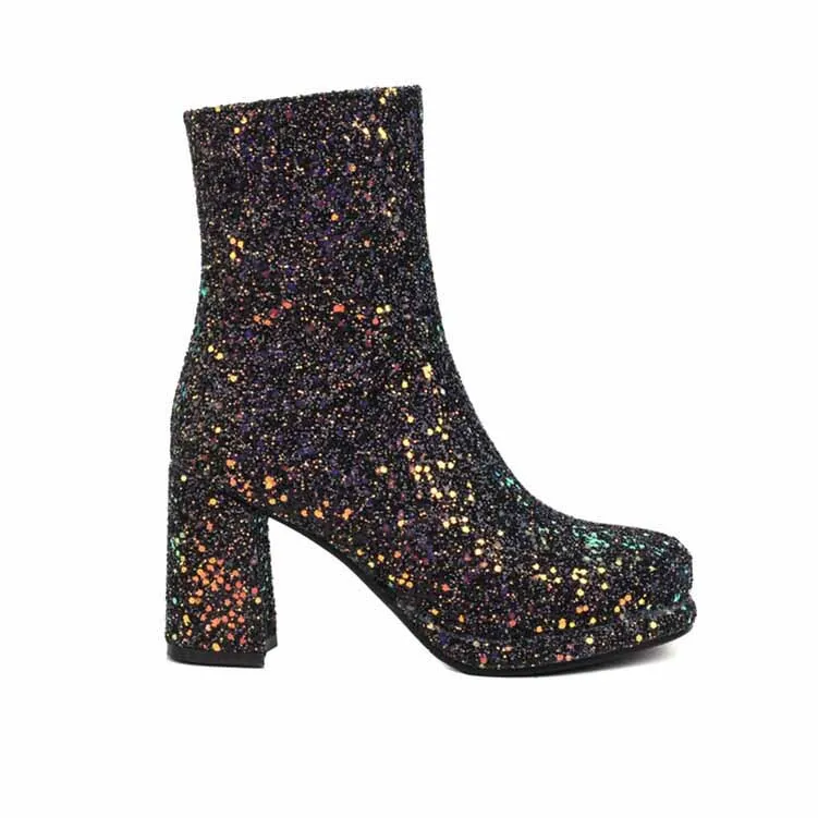 Women's Glitter Platform Chunky Heeled Ankle Boots