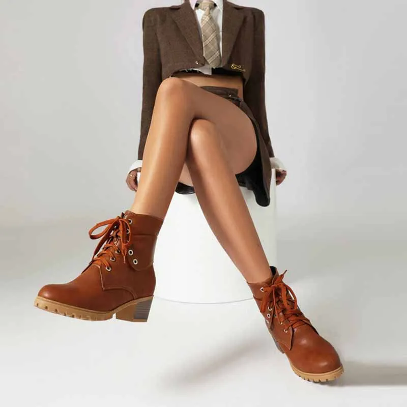 Women's lace up boots chunky heeled ankle boots