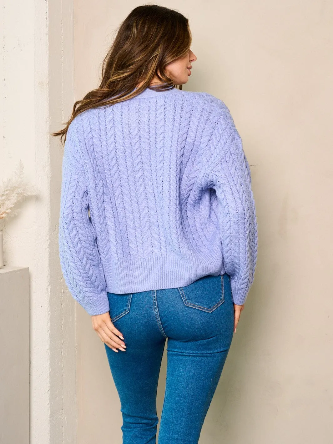 WOMEN'S LONG PUFF SLEEVE BUTTON UP CABLE KNIT SWEATER CARDIGAN