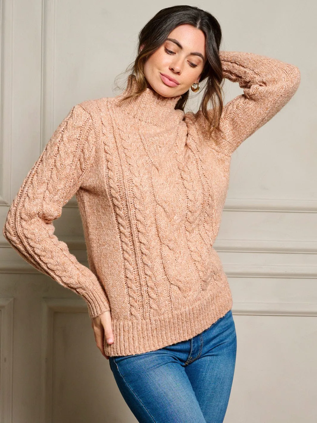 WOMEN'S LONG SLEEVE MOCK NECK CABLE KNIT PULLOVER SWEATER