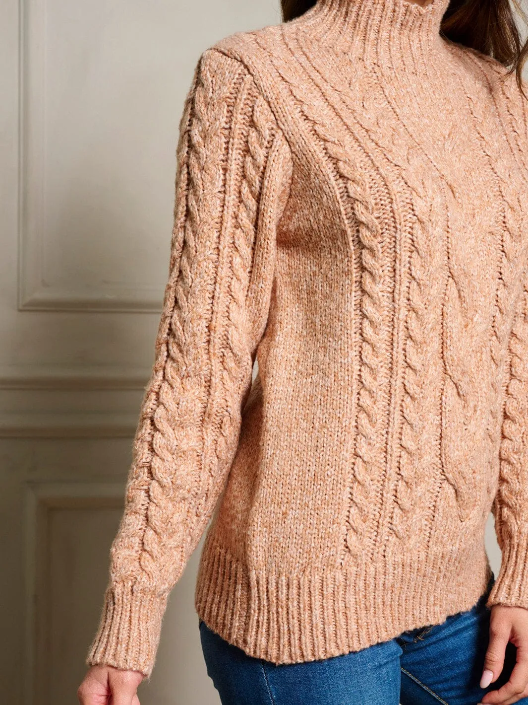WOMEN'S LONG SLEEVE MOCK NECK CABLE KNIT PULLOVER SWEATER