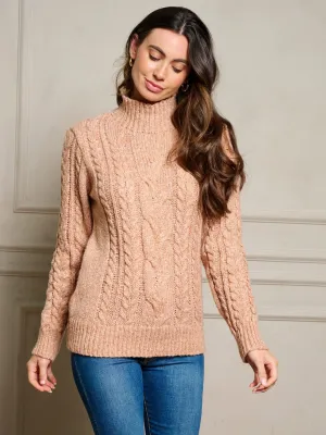 WOMEN'S LONG SLEEVE MOCK NECK CABLE KNIT PULLOVER SWEATER