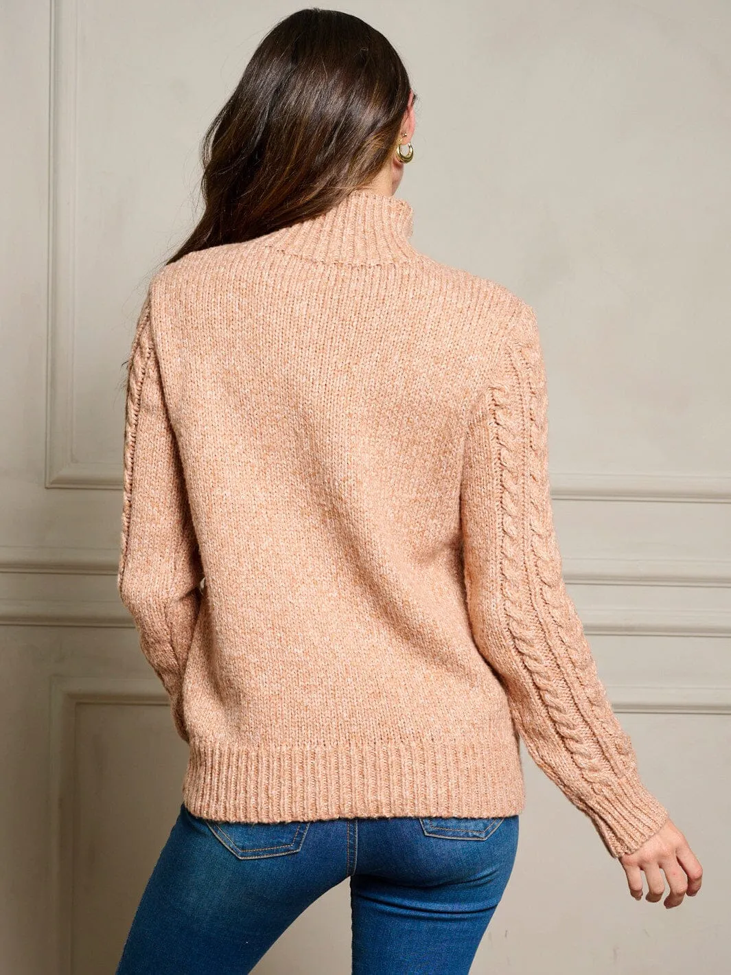 WOMEN'S LONG SLEEVE MOCK NECK CABLE KNIT PULLOVER SWEATER