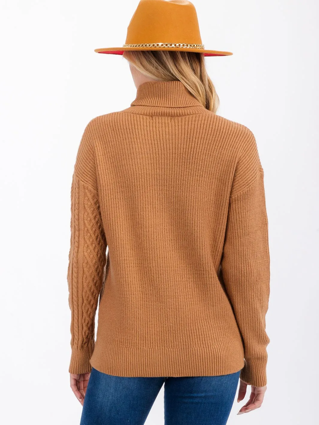 WOMEN'S LONG SLEEVE TURTLE NECK CABLE KNIT PULLOVER SWEATER