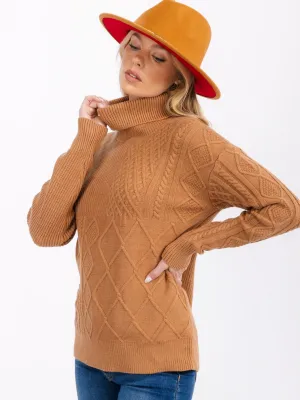 WOMEN'S LONG SLEEVE TURTLE NECK CABLE KNIT PULLOVER SWEATER