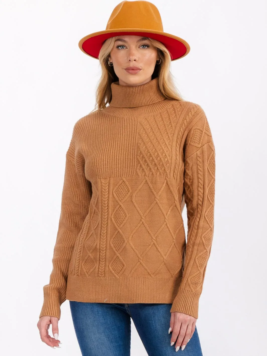 WOMEN'S LONG SLEEVE TURTLE NECK CABLE KNIT PULLOVER SWEATER