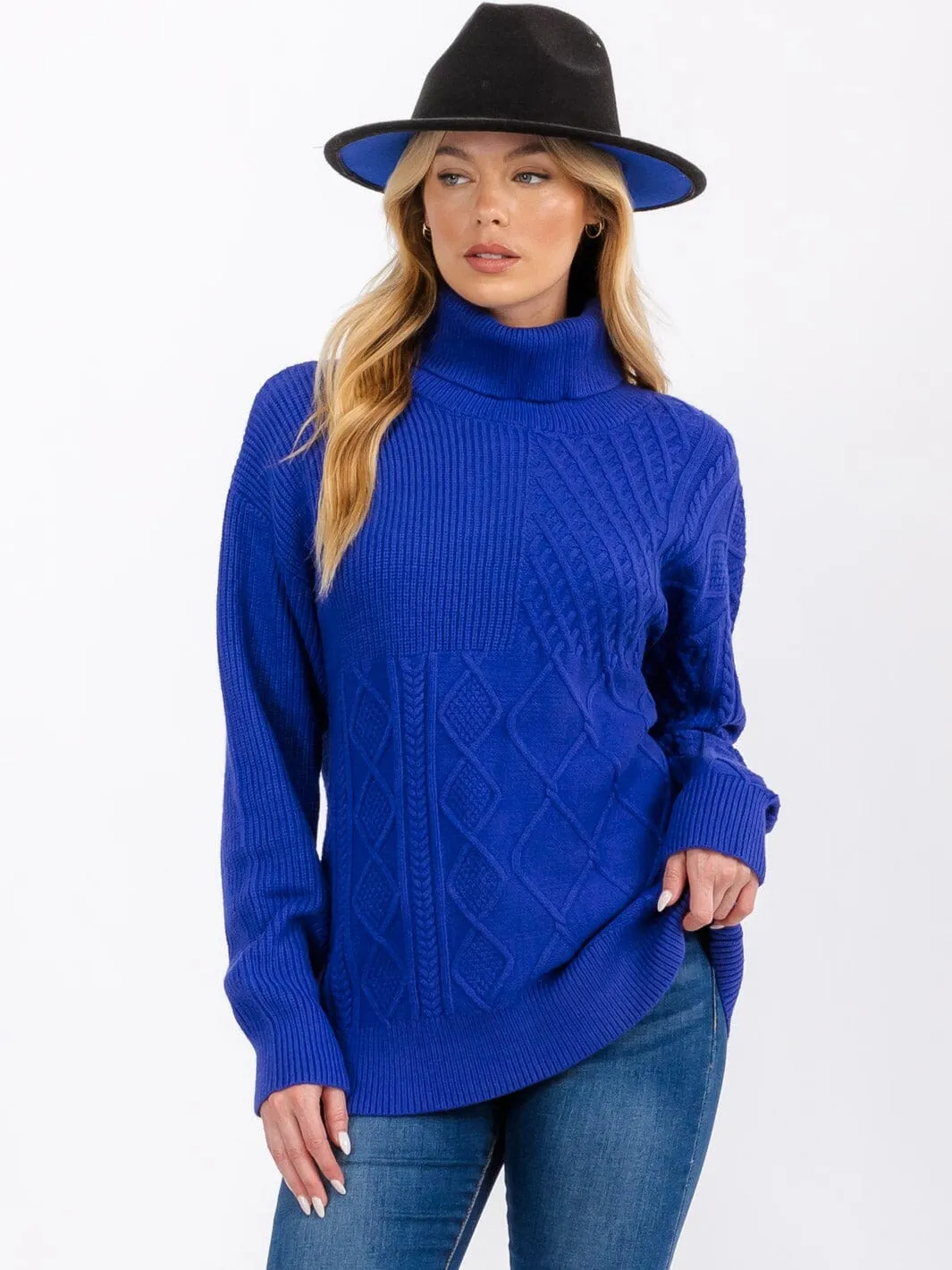 WOMEN'S LONG SLEEVE TURTLE NECK CABLE KNIT PULLOVER SWEATER