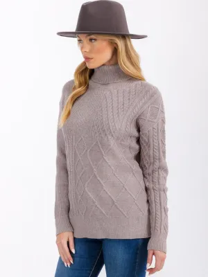 WOMEN'S LONG SLEEVE TURTLE NECK CABLE KNIT PULLOVER SWEATER