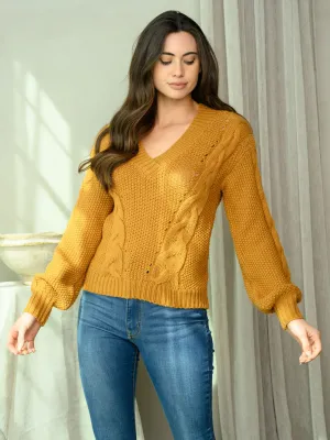 WOMEN'S LONG SLEEVE V-NECK CABLE KNIT SWEATER