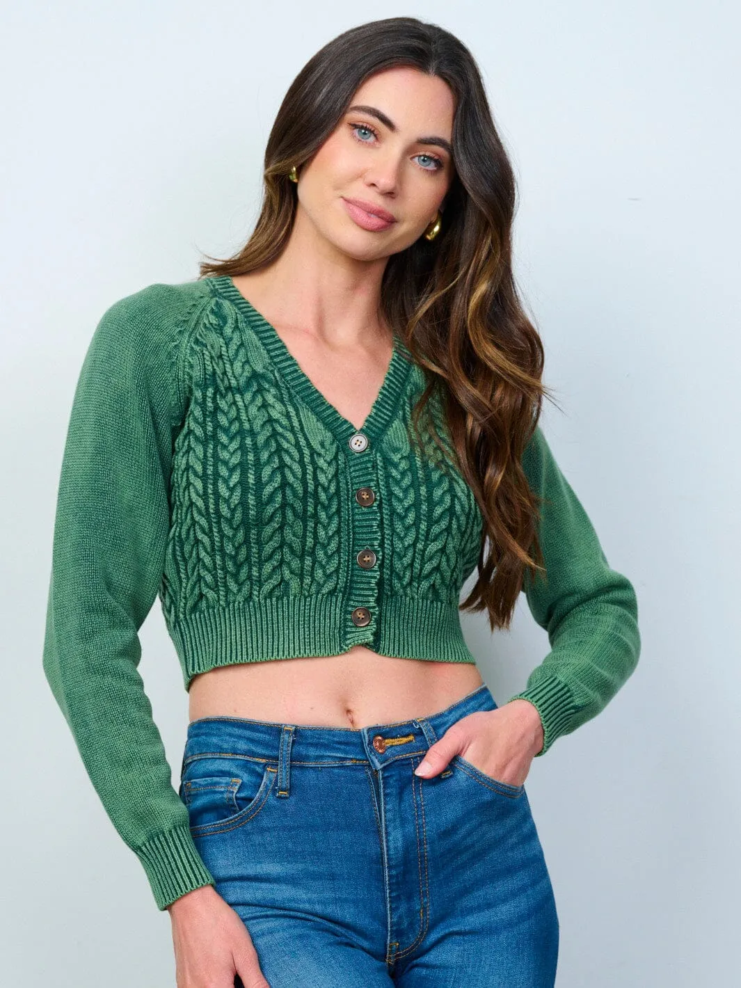 WOMEN'S LONG SLEEVES BUTTON UP CABLE KNIT CROP SWEATER