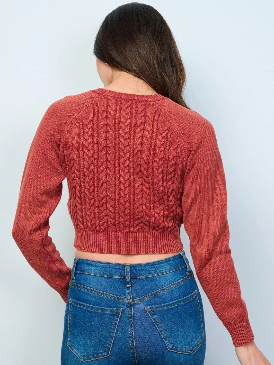 WOMEN'S LONG SLEEVES BUTTON UP CABLE KNIT CROP SWEATER