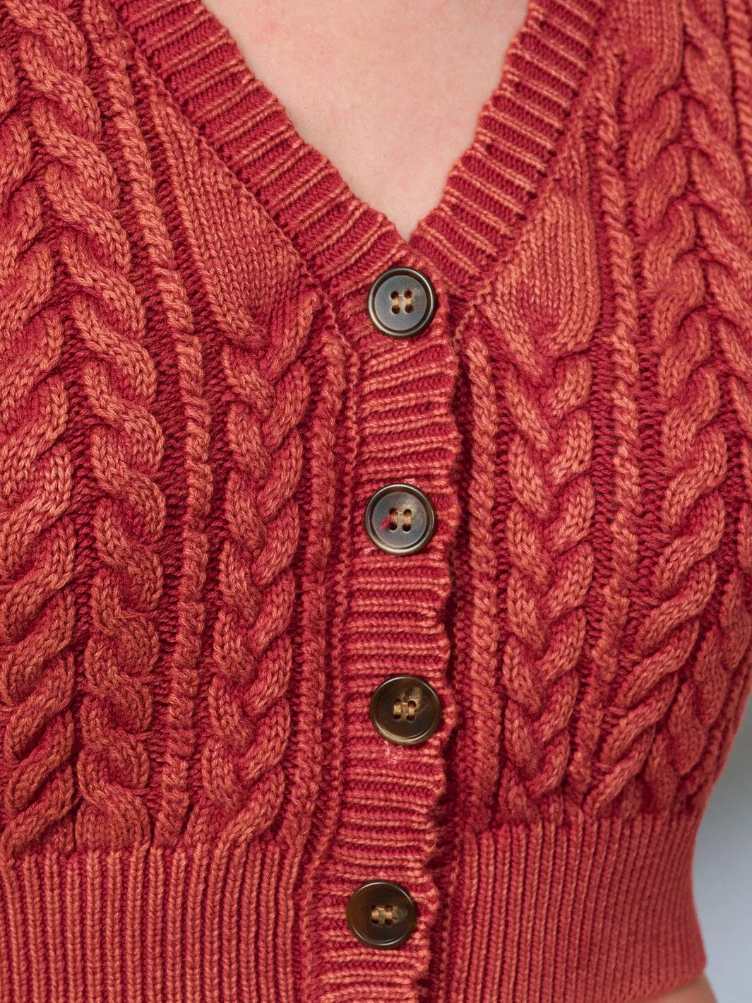 WOMEN'S LONG SLEEVES BUTTON UP CABLE KNIT CROP SWEATER