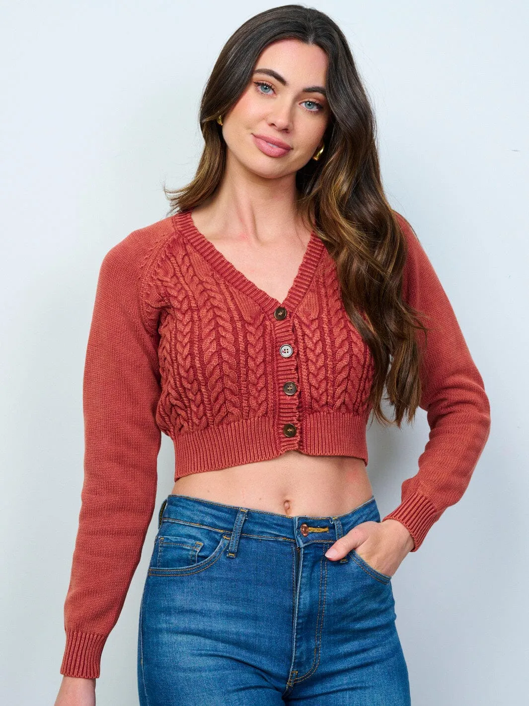 WOMEN'S LONG SLEEVES BUTTON UP CABLE KNIT CROP SWEATER