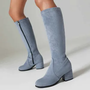Women's Side Zipper Chunky Heel Knee High Boots