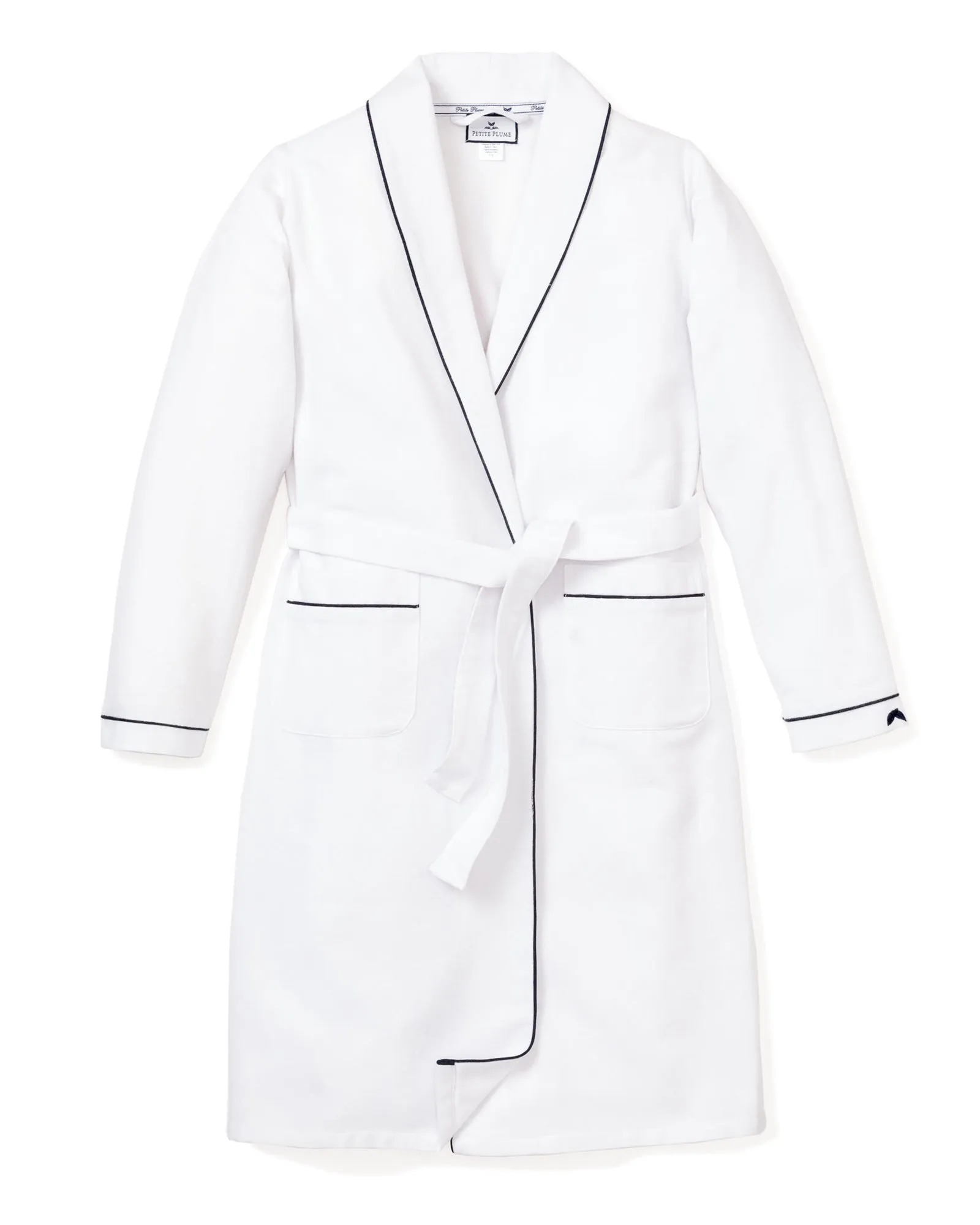 Women's White with Navy Piping Flannel Robe