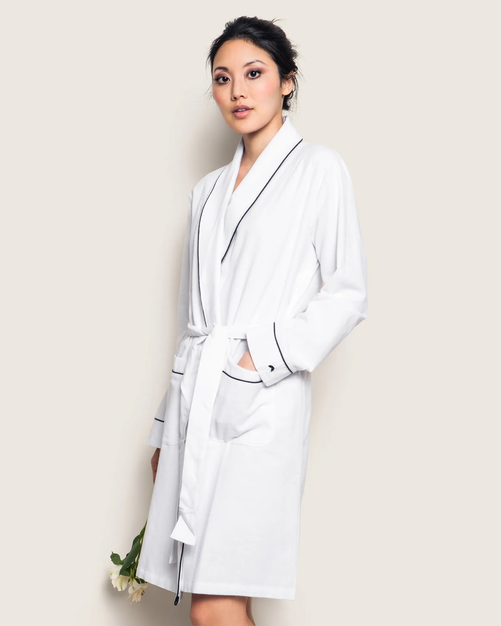 Women's White with Navy Piping Flannel Robe