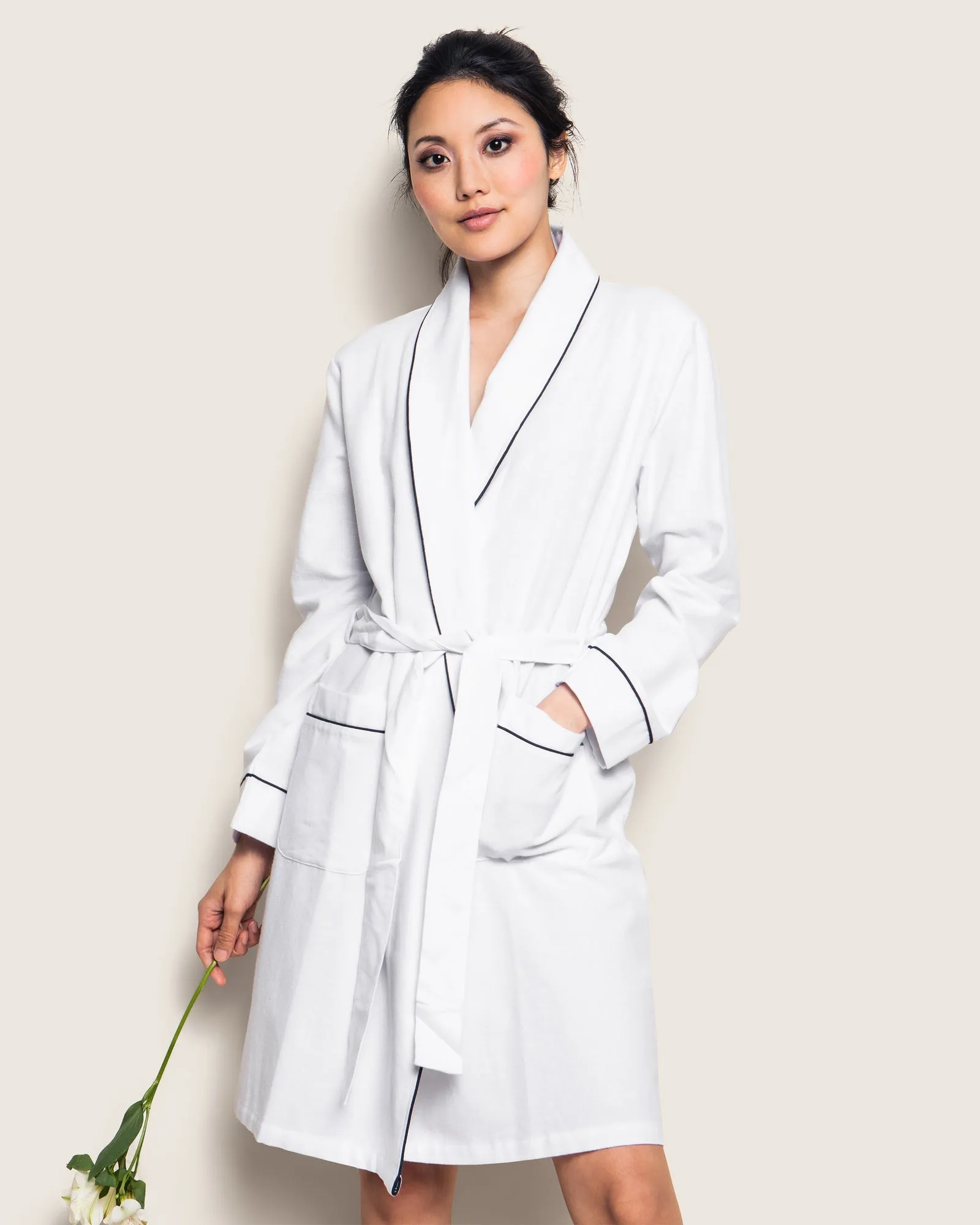 Women's White with Navy Piping Flannel Robe